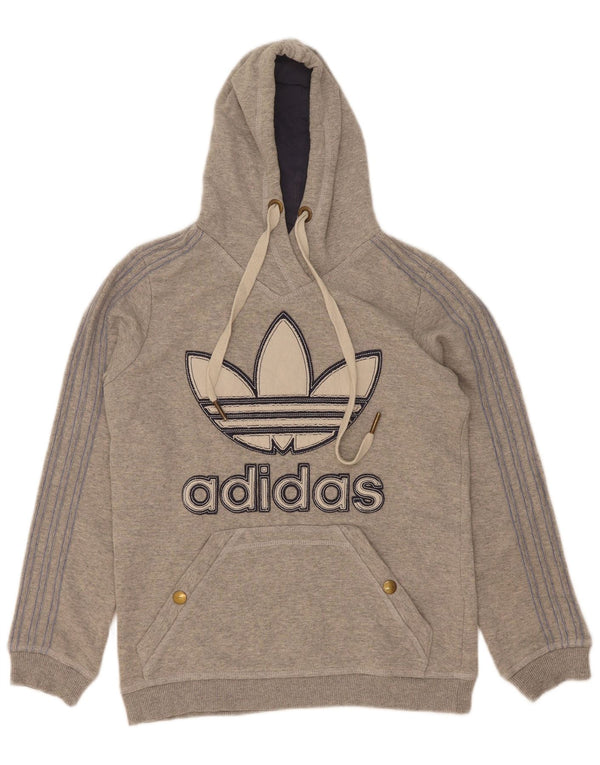Adidas feminino gráfico moletom com capuz jumper IT 46 grande algodão manchado cinza