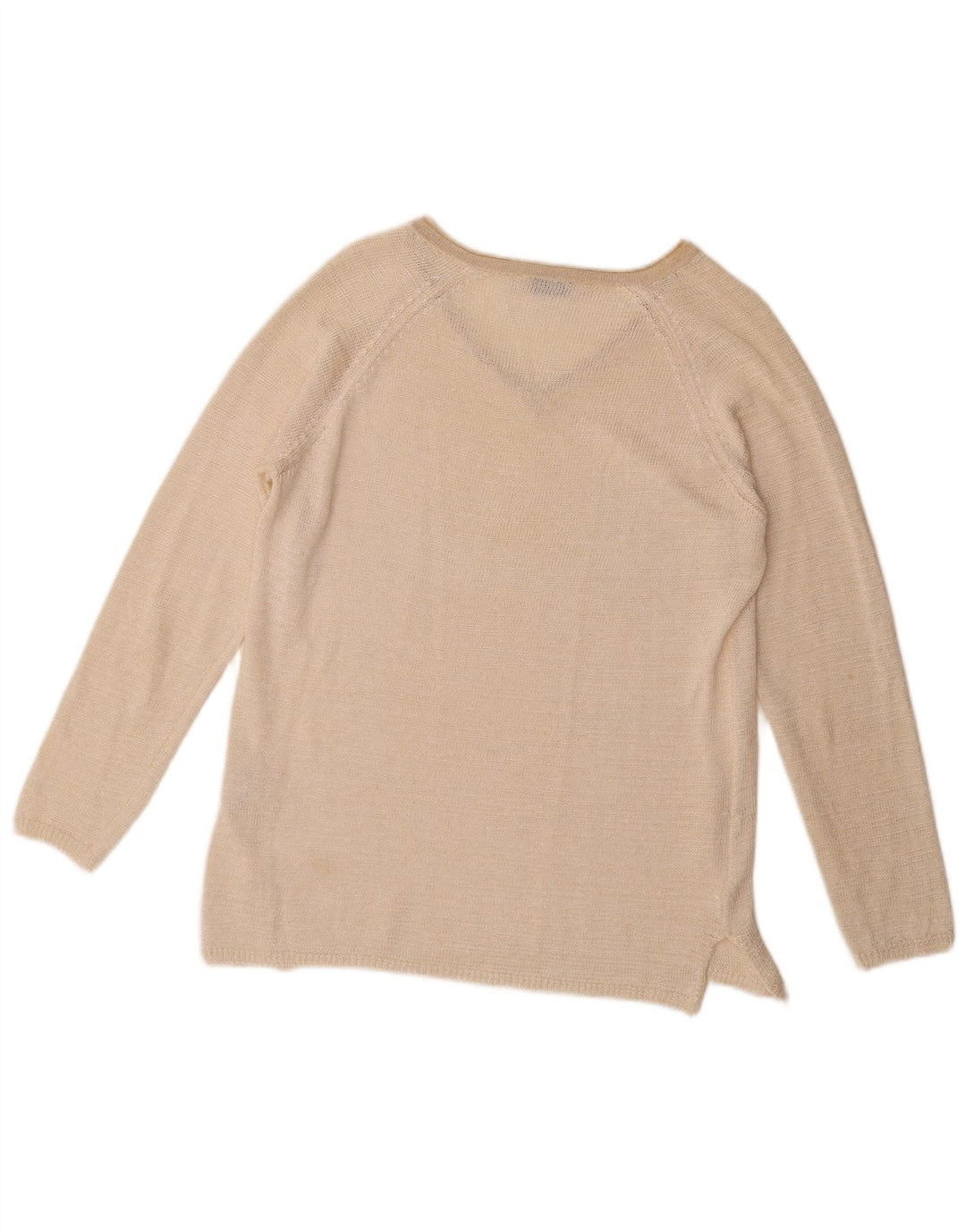 Suéter feminino vintage com decote em V Reino Unido 16 grande poliéster bege