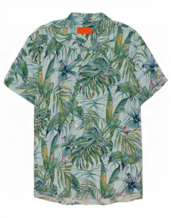 Camisa masculina havaiana vintage de manga curta média turquesa floral viscose