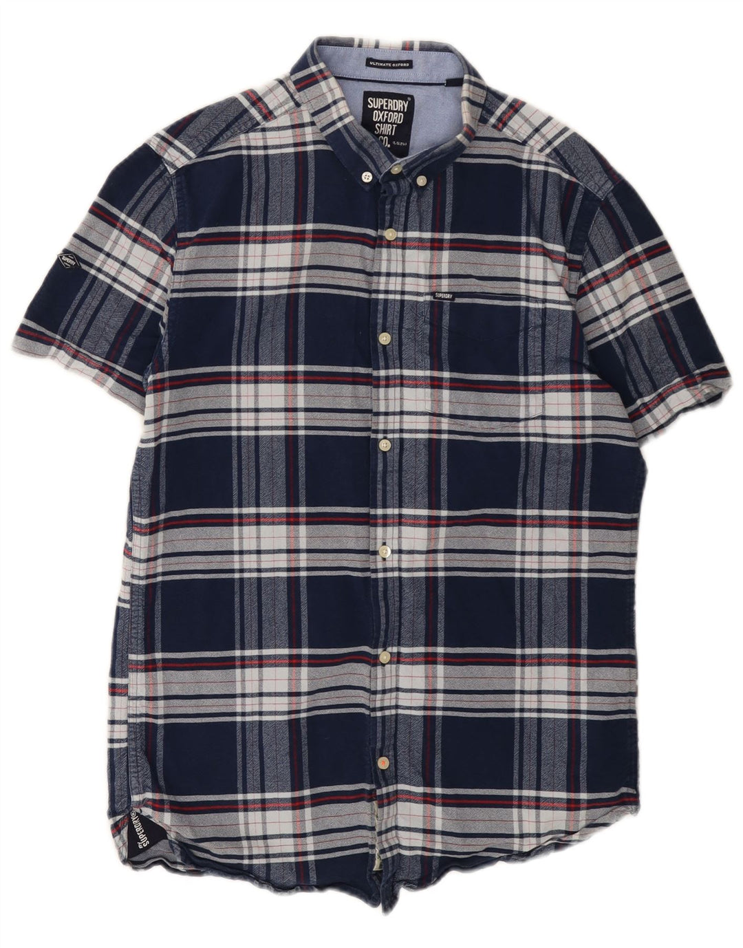 Camisa masculina de flanela de manga curta Superdry, algodão xadrez médio azul marinho