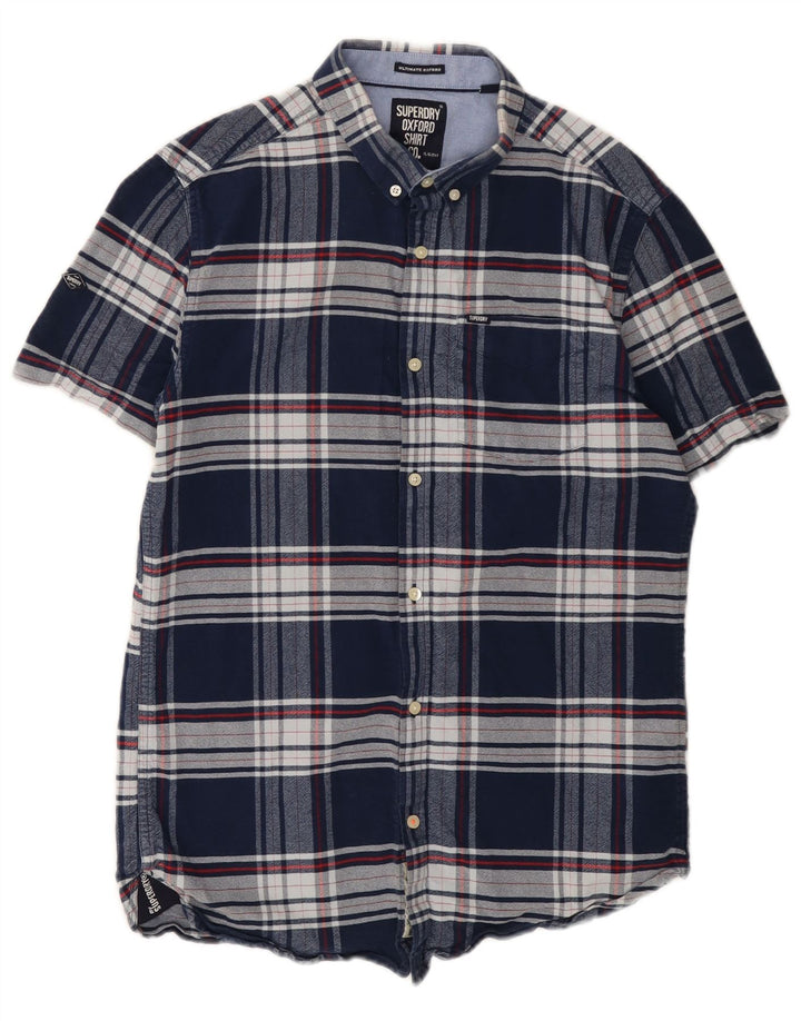 Camisa masculina de flanela de manga curta Superdry, algodão xadrez médio azul marinho