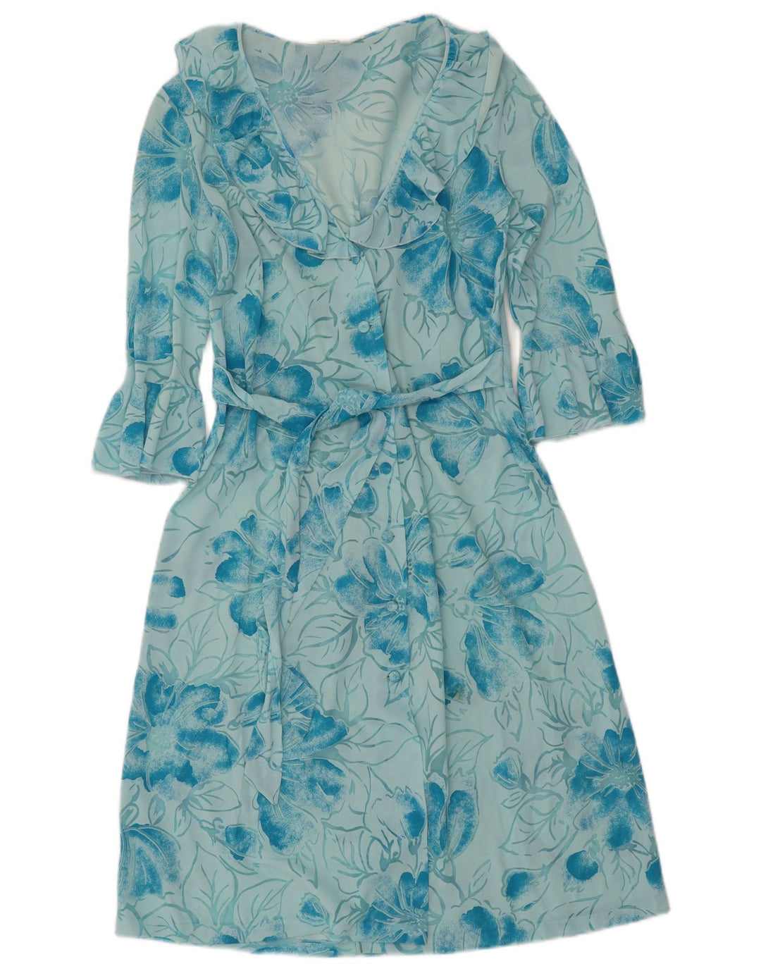 Vestido feminino Imec manga 3/4 transparente evasê UK 12 médio azul floral