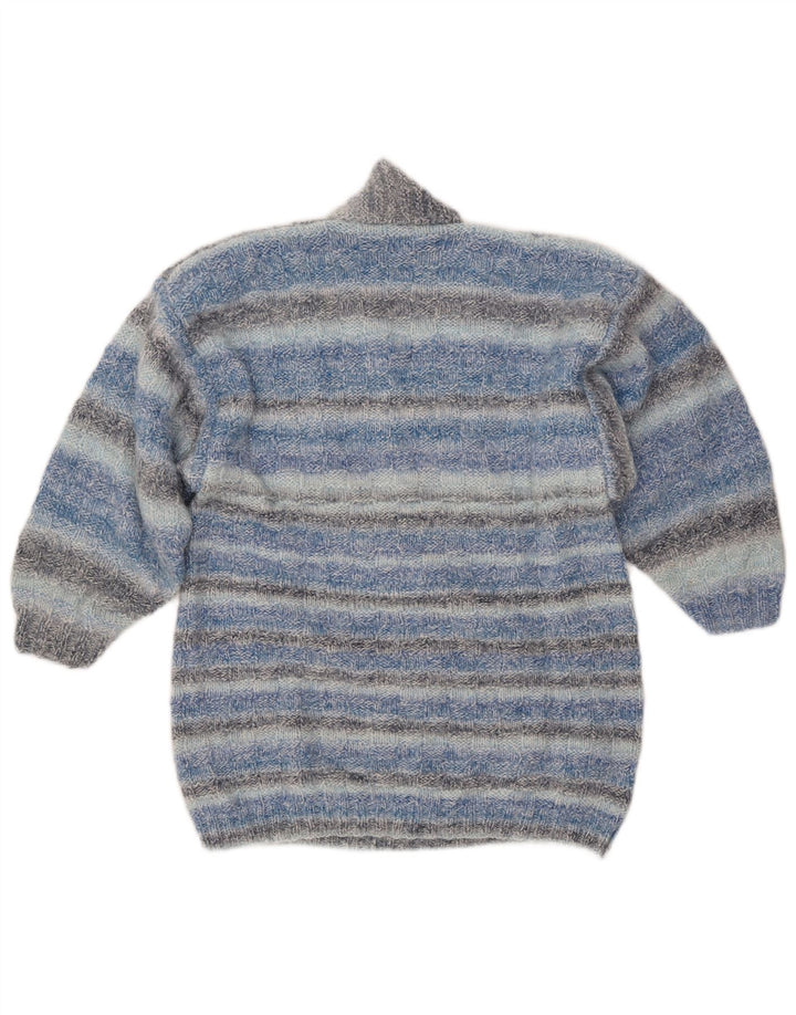 Suéter feminino VINTAGE com gola xale UK 14 listrado azul médio