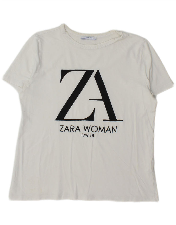 Zara Womens Graphic T-Shirt Top UK 14 Médio Algodão Branco