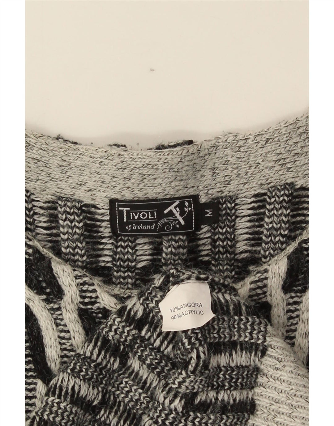 Suéter cardigan aberto grande Tivoli feminino UK 14 cinza médio geométrico