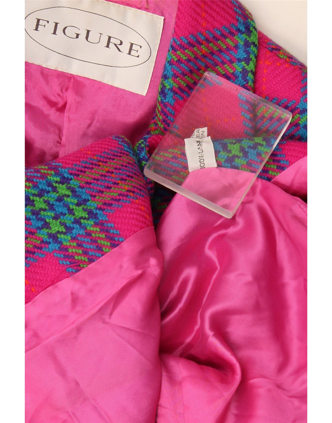 Figura Jaqueta Blazer Feminina com 3 Botões Reino Unido 14 Lã Xadrez Rosa Médio
