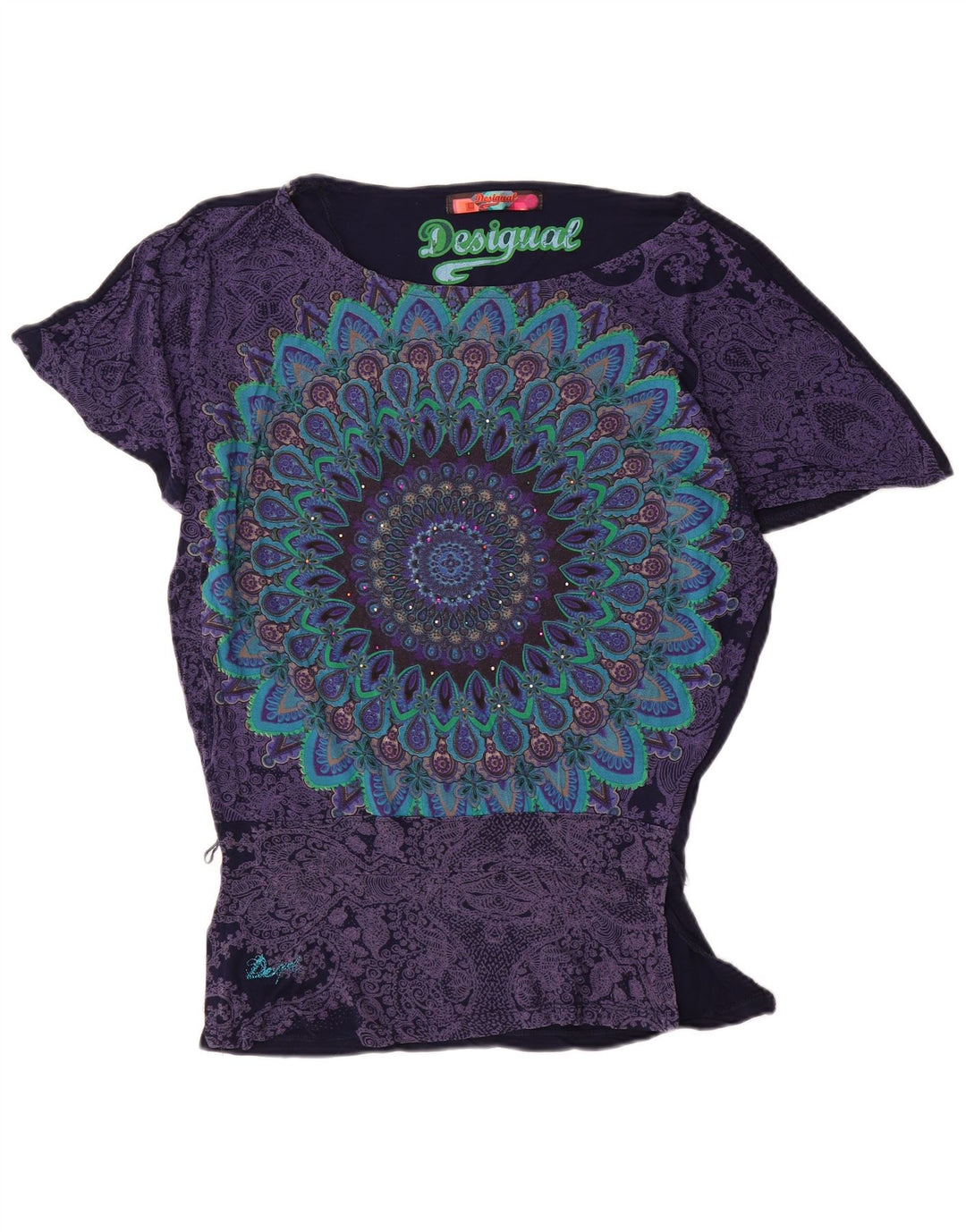 Blusa Batwing Feminina Desigual Top UK 10 Pequena Viscose Azul Marinho