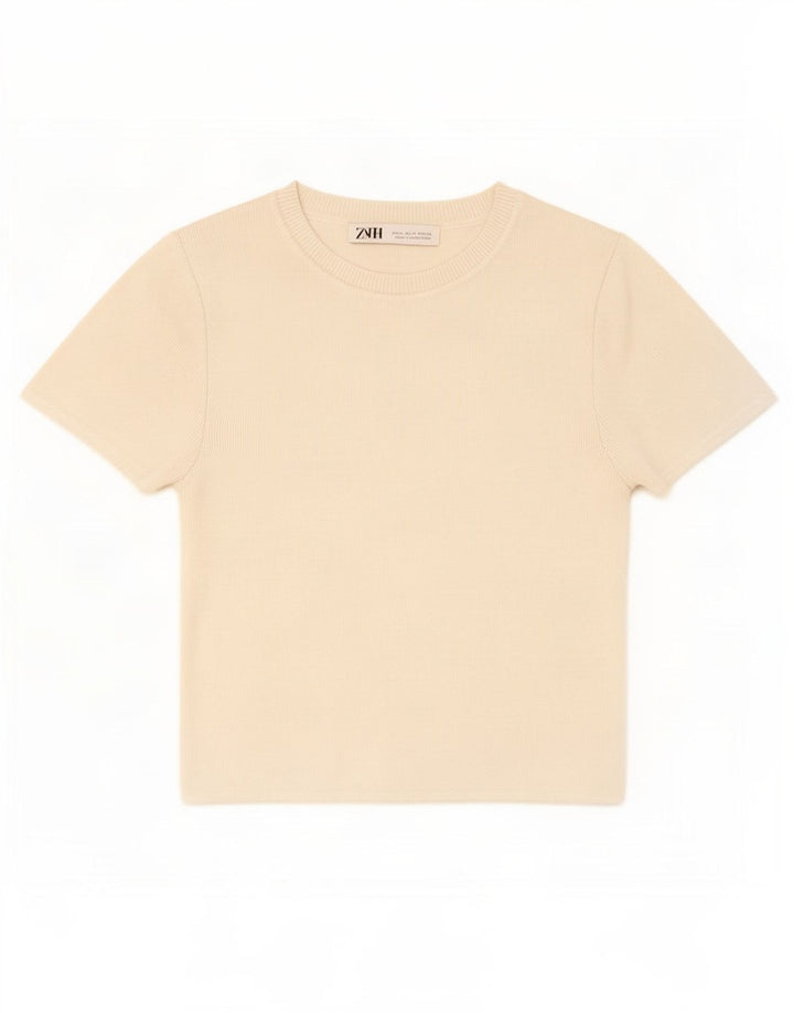 Zara Camiseta Feminina Crop Top UK 12 Médio Branco Viscose