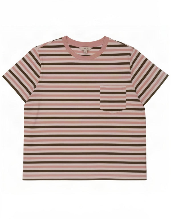 Camiseta feminina Marks & Spencer UK 14 grande algodão listrado rosa