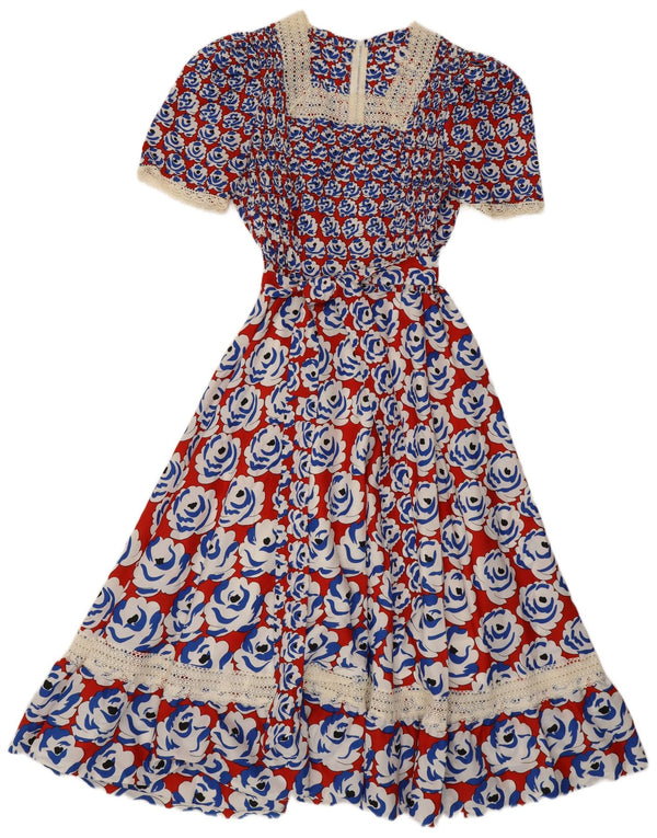 Vestido feminino vintage maxi linha A Reino Unido 8 pequeno vermelho floral retrô
