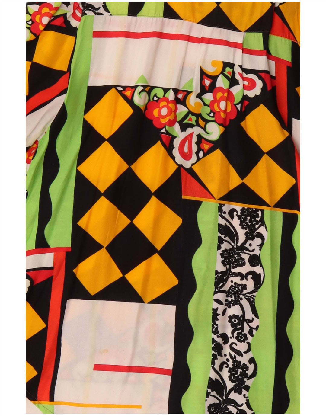 Blusa feminina vintage de manga curta UK 20 2XL patchwork multicolorido