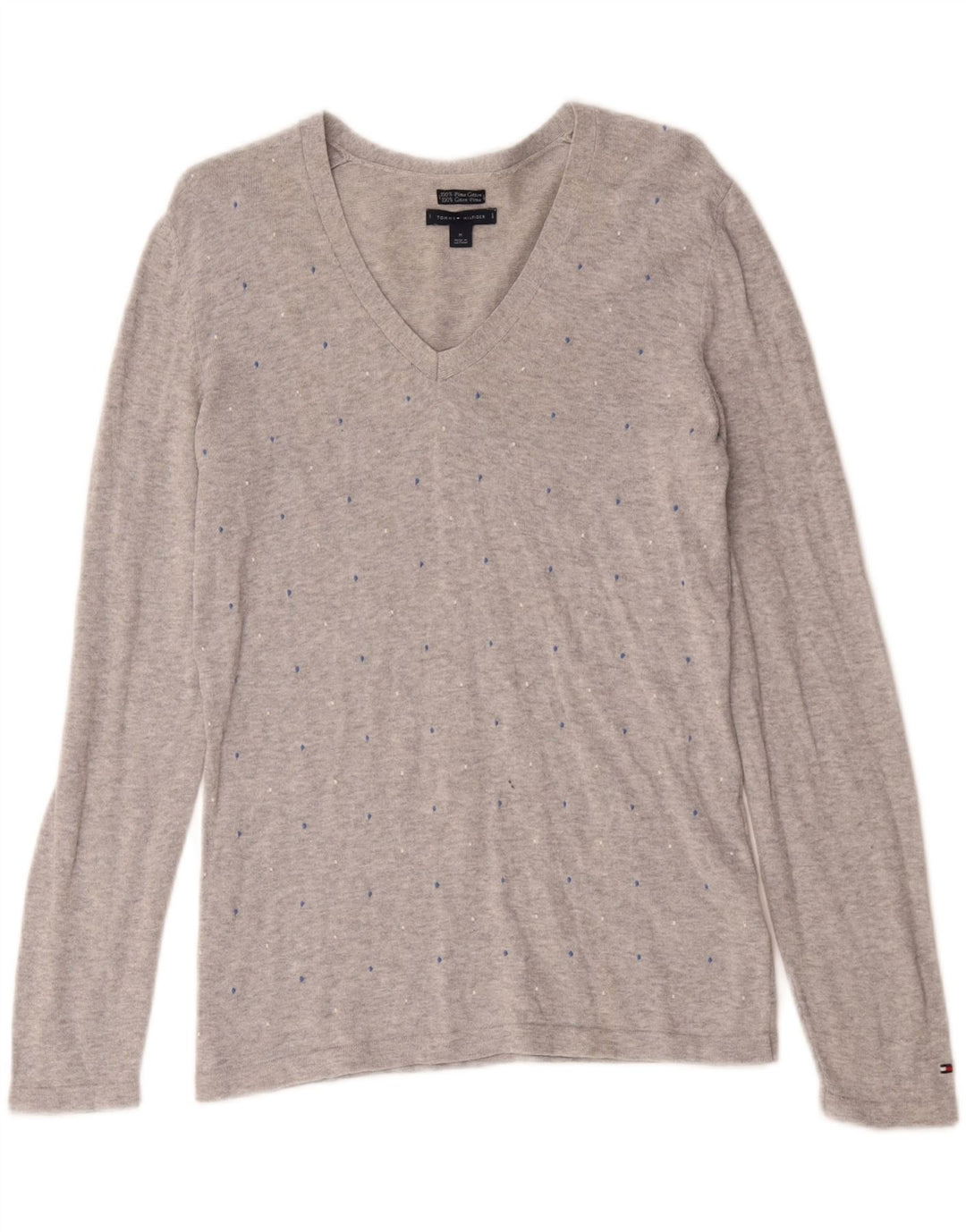 Top feminino Tommy Hilfiger manga comprida UK 12 algodão manchado cinza médio