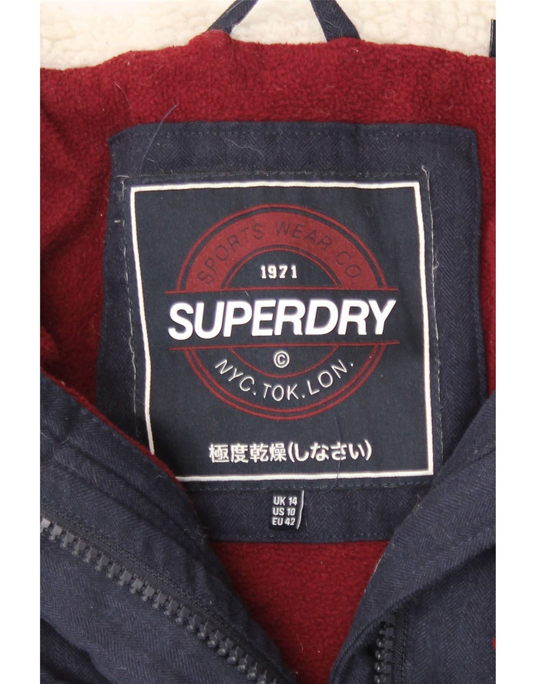 Jaqueta acolchoada feminina Superdry com capuz Duffle UK 14 grande poliéster azul marinho