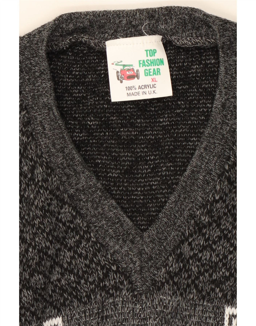 VINTAGE Mens V-Neck Jumper Sweater XL Grey Fair Isle Acrylic Vintage Vintage and Second-Hand Vintage from Messina Hembry 