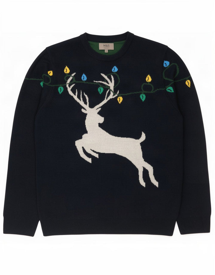 Suéter masculino Marks & Spencer com gola redonda grande azul marinho natal