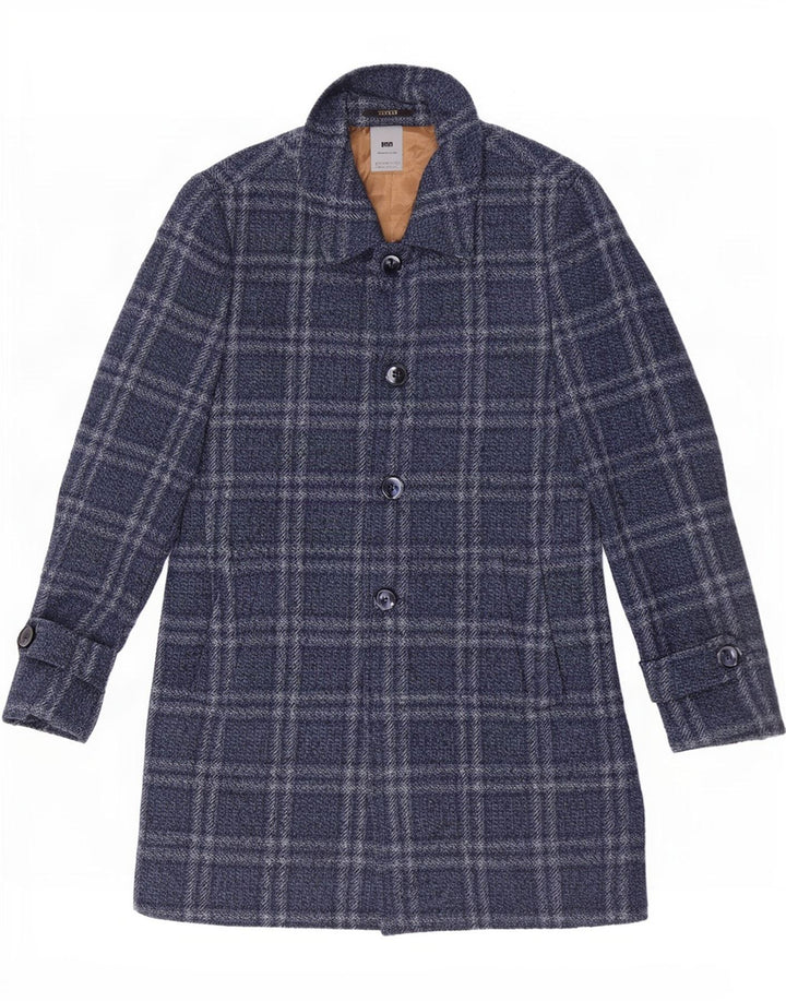 Sobretudo masculino vintage IT 46 pequeno poliéster xadrez azul marinho