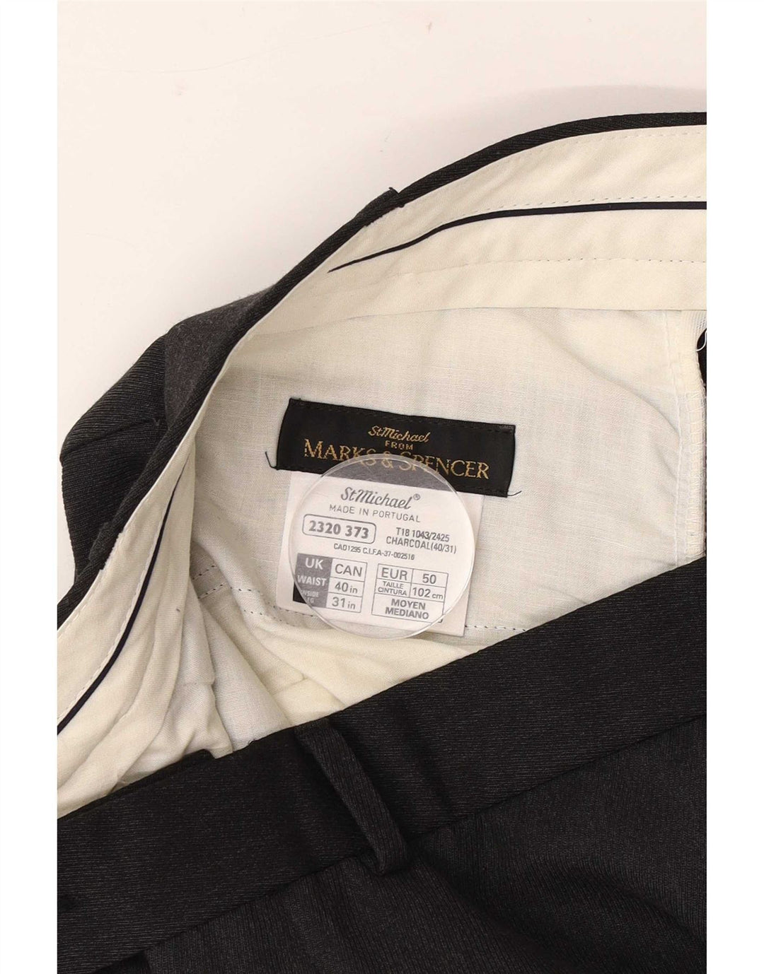 Calça masculina de terno reto Marks & Spencer W40 L28 poliéster cinza