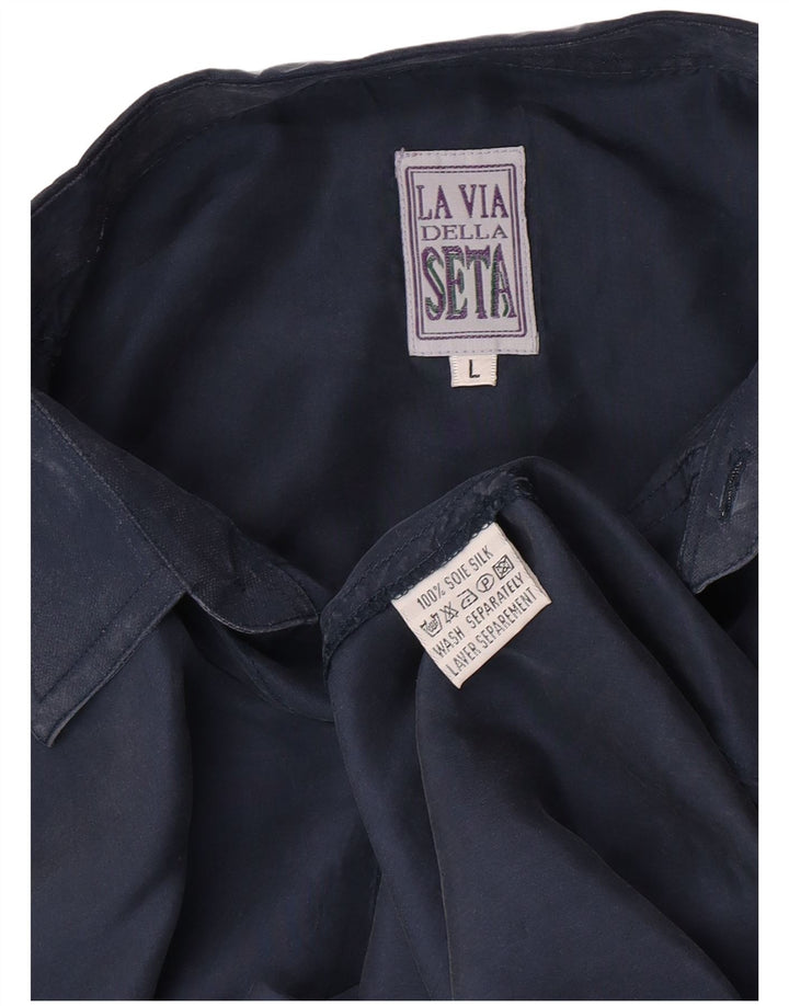 Camisa masculina vintage grande seda azul marinho