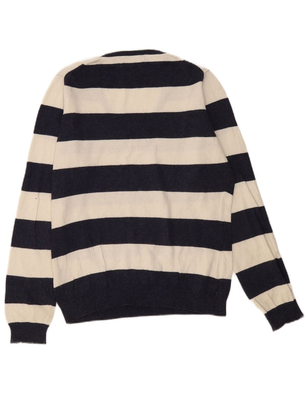 Suéter feminino Crew Clothing com decote em V UK 12 listrado azul marinho médio