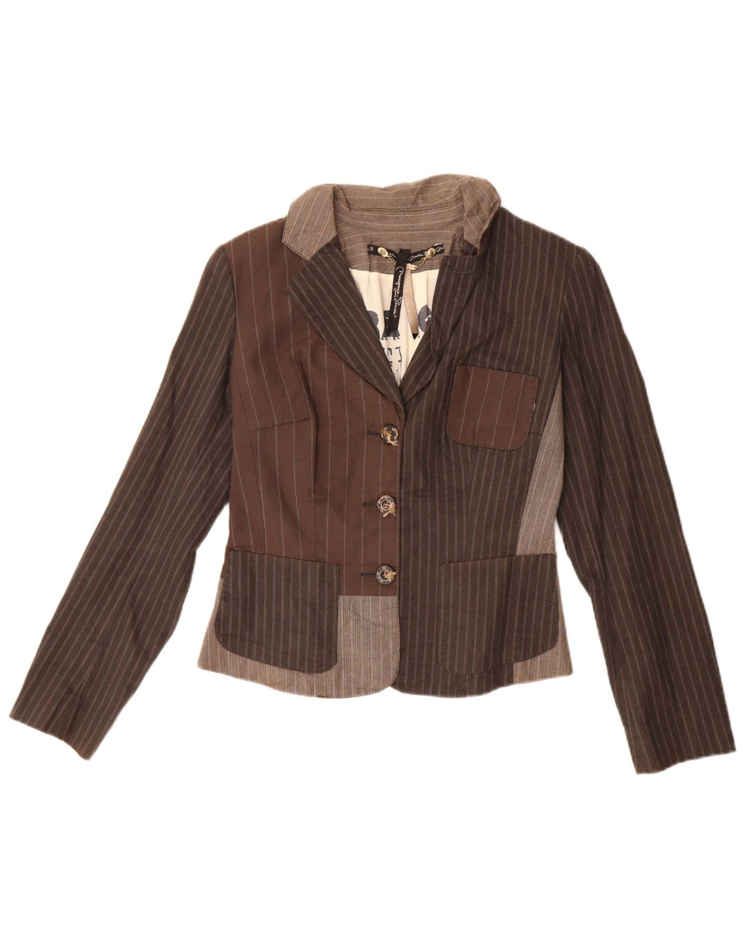Blazer feminino vintage cropped com 3 botões IT 42 listrado marrom médio