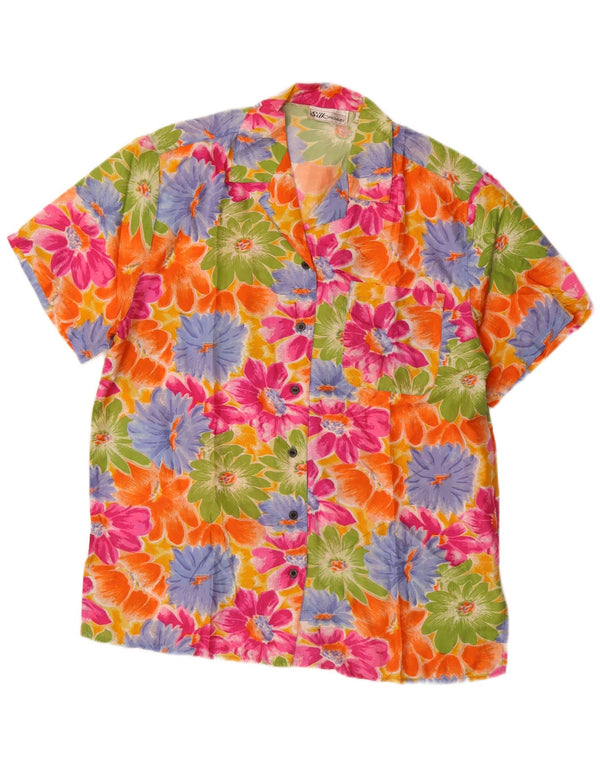Blusa feminina vintage de manga curta UK 14 média floral multicolorida