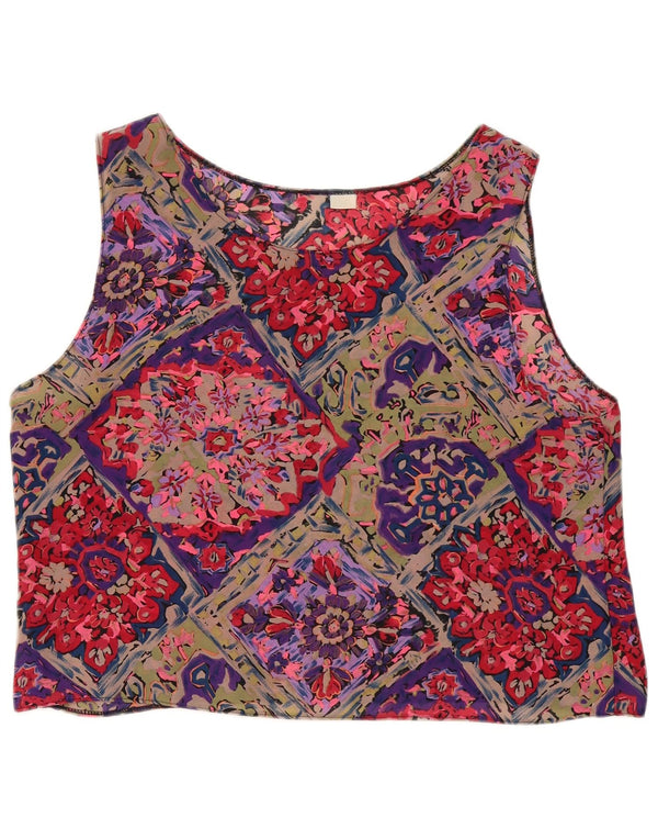 Blusa feminina vintage sem mangas, top UK 16 grande floral multicolorido