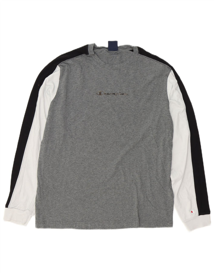 Campeão masculino gráfico top manga comprida grande cinza colorblock algodão