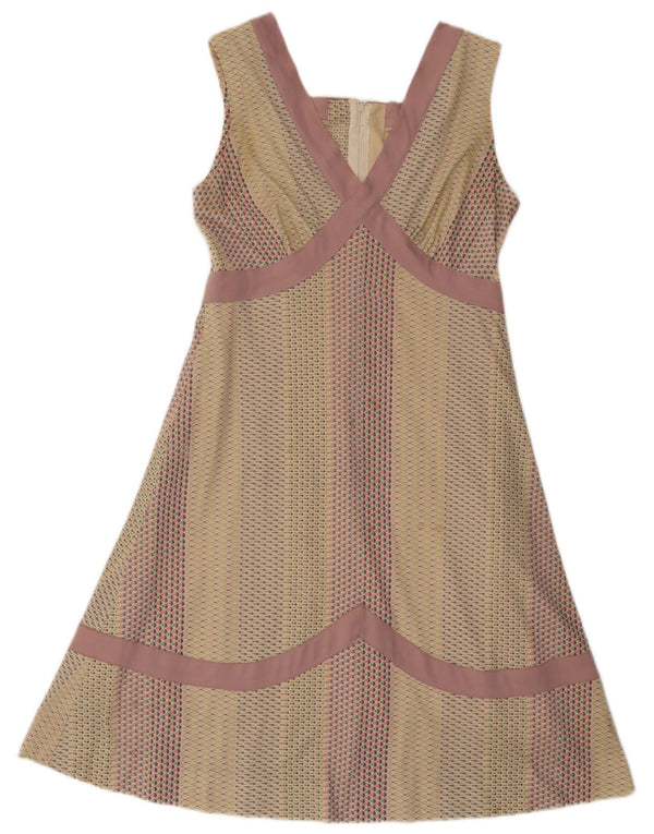 Vestido feminino vintage sem mangas evasê UK 12 médio off white geométrico