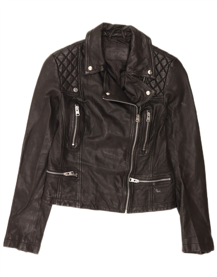 Jaqueta feminina de couro para motociclista All Saints Reino Unido 8 pequena preta
