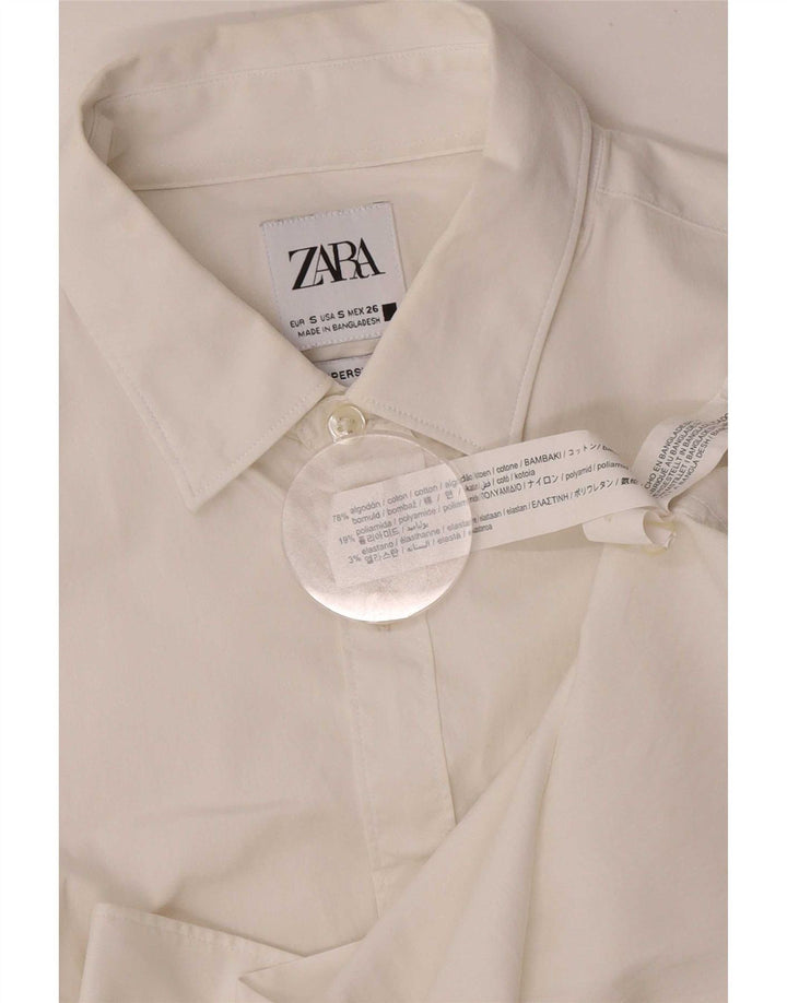 Camisa feminina Zara UK 10 pequena algodão branco