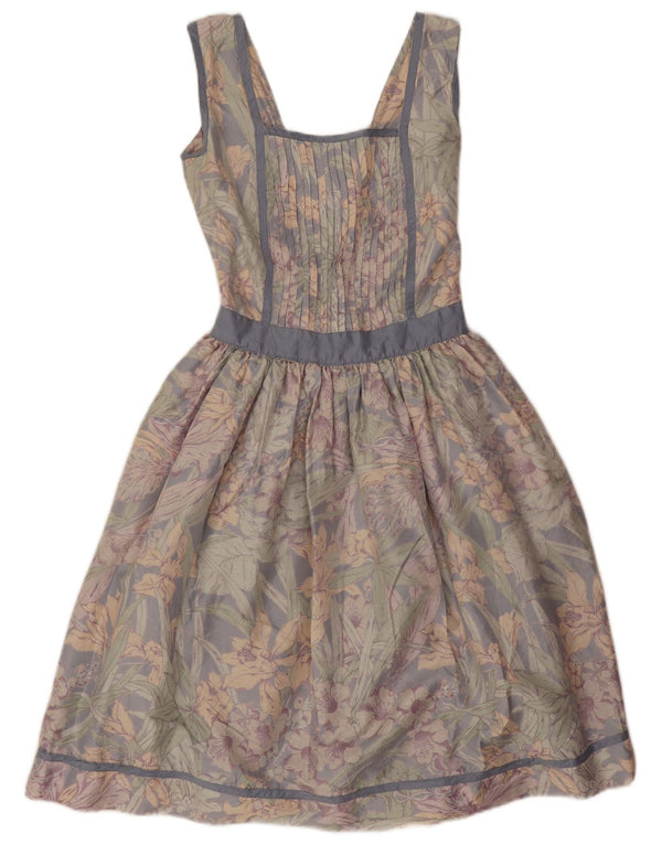 Vestido feminino vintage sem mangas evasê UK 10 pequeno floral multicolorido