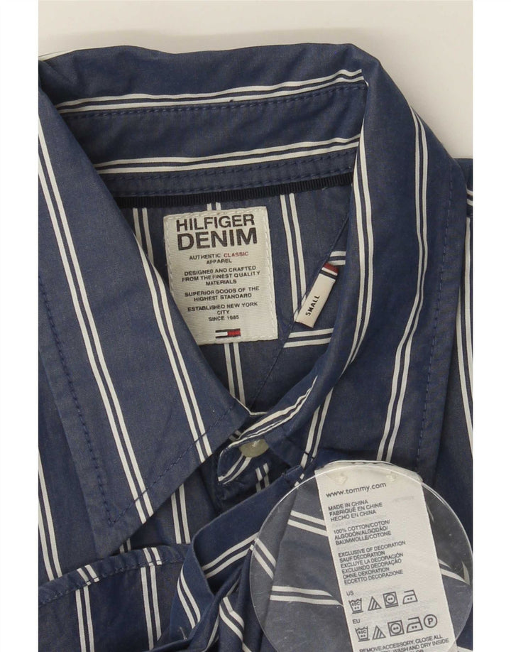 Camisa masculina Tommy Hilfiger pequena listrada azul de algodão