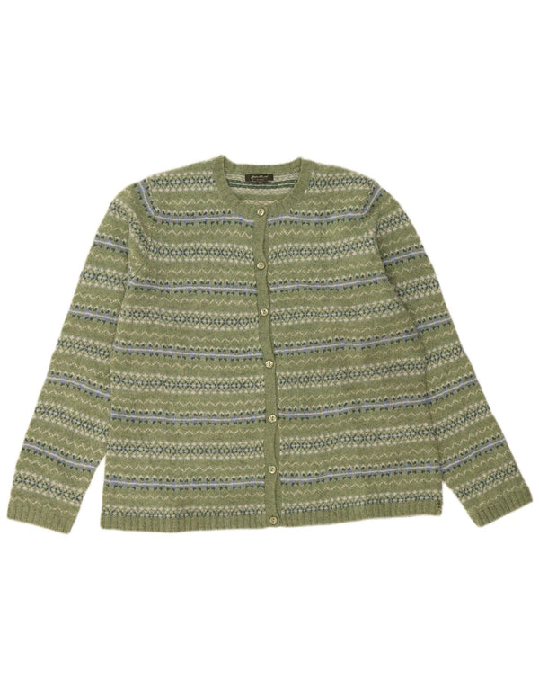 Suéter cardigã feminino Eddie Bauer Reino Unido 18 XL verde Fair Isle Lambswool