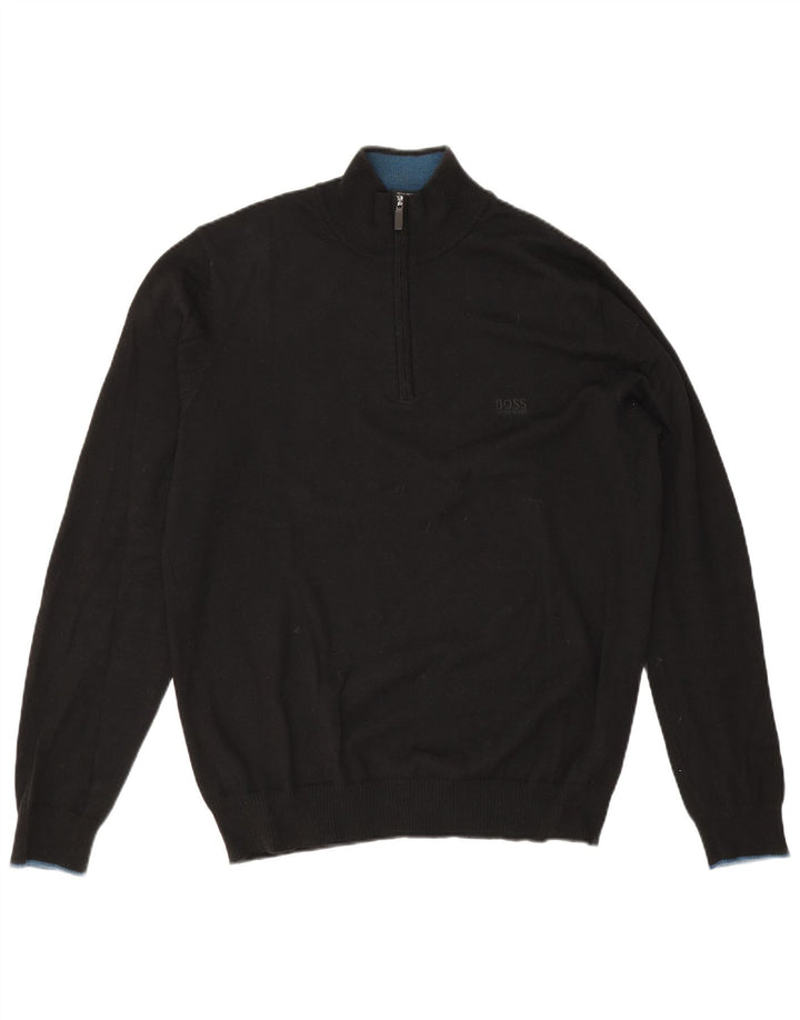 Suéter masculino Hugo Boss de ajuste regular com zíper e gola grande de lã preta
