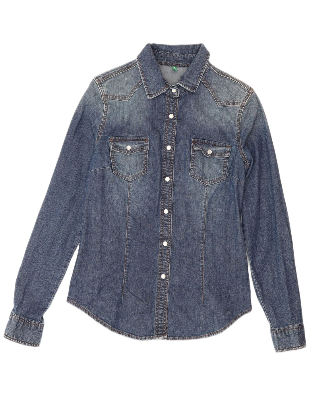 Camisa jeans feminina Benetton UK 12 algodão azul médio