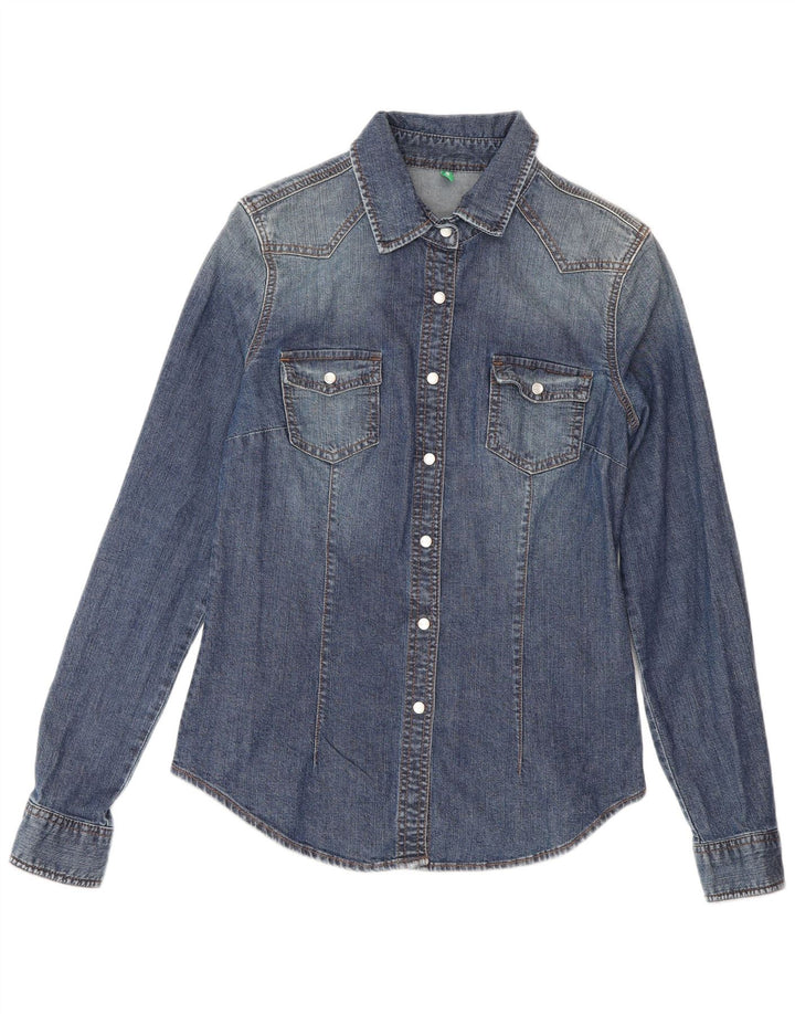 Camisa jeans feminina Benetton UK 12 algodão azul médio