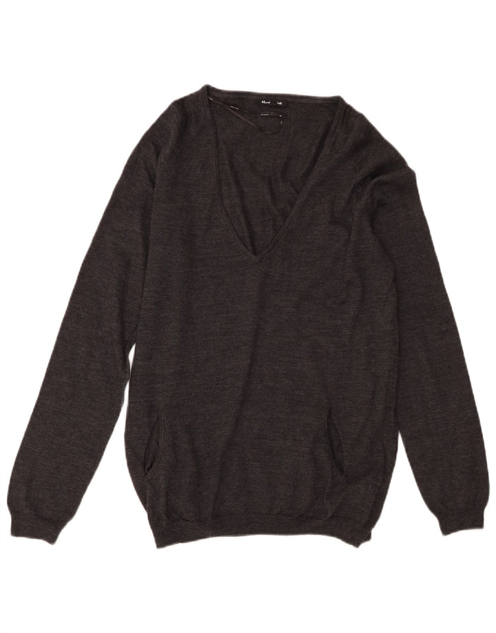 Suéter feminino Massimo Dutti com decote em V Reino Unido 12 lã cinza médio