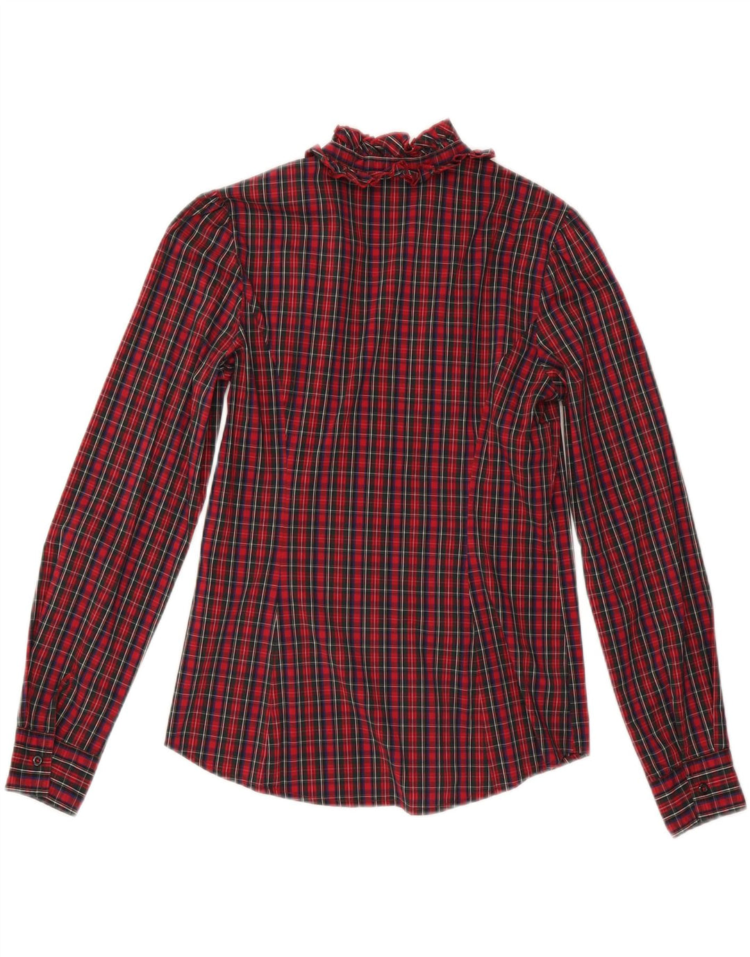 Blusa feminina SISLEY com babados na frente Reino Unido 10 pequeno algodão xadrez vermelho