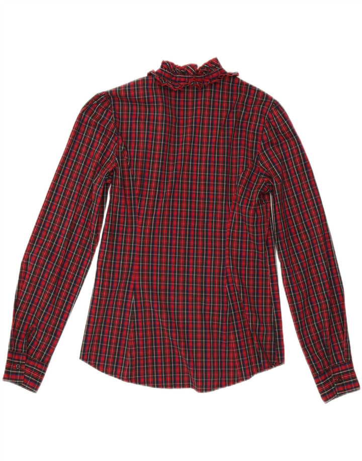 Blusa feminina SISLEY com babados na frente Reino Unido 10 pequeno algodão xadrez vermelho