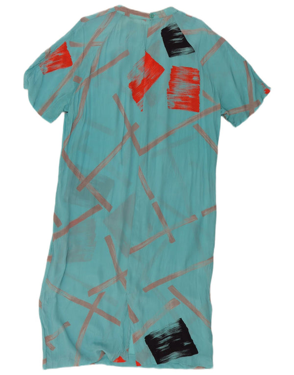 Vestido maxi feminino vintage de mangas curtas UK 18 XL turquesa geométrico