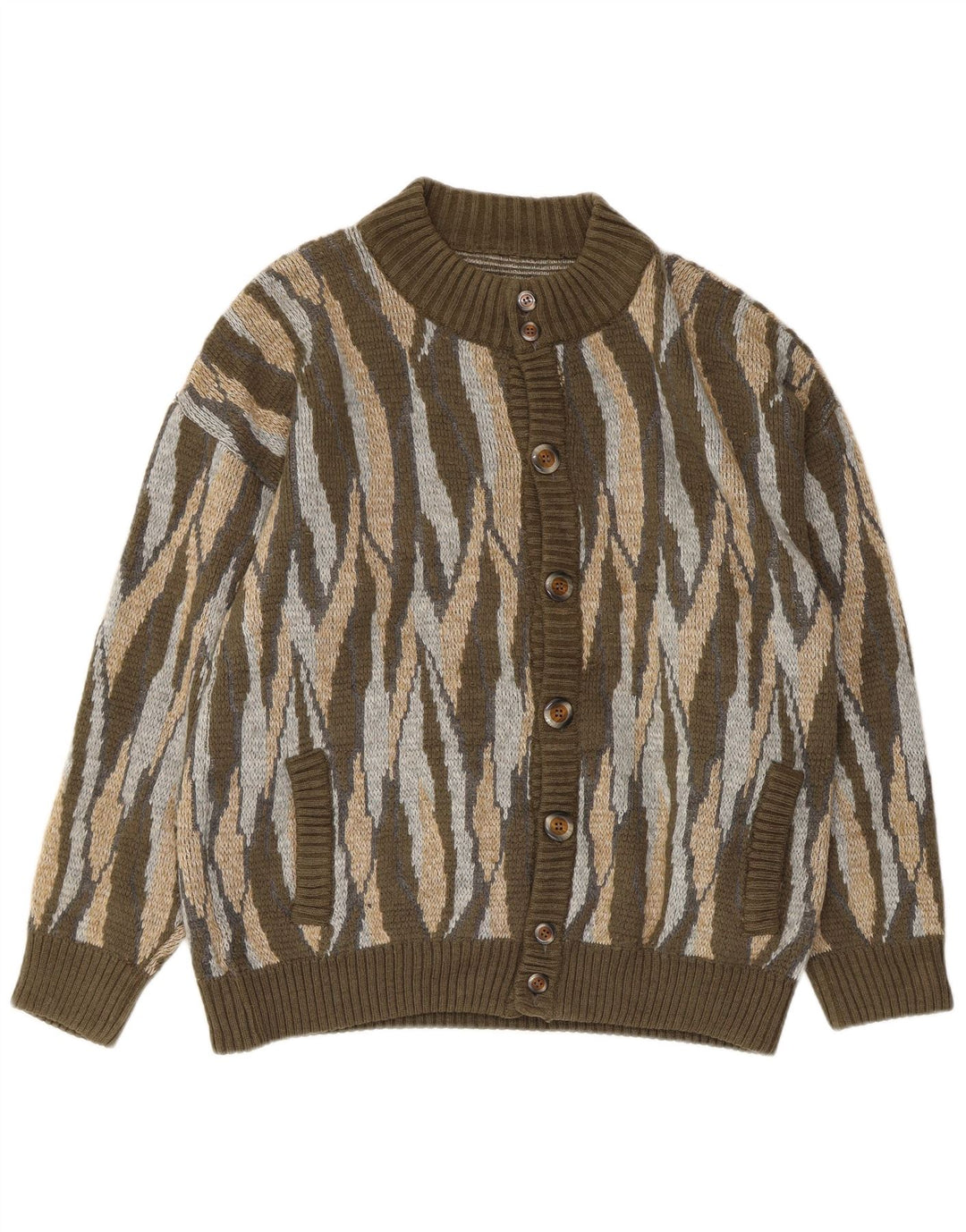 Suéter cardigã masculino vintage grande acrílico listrado cáqui