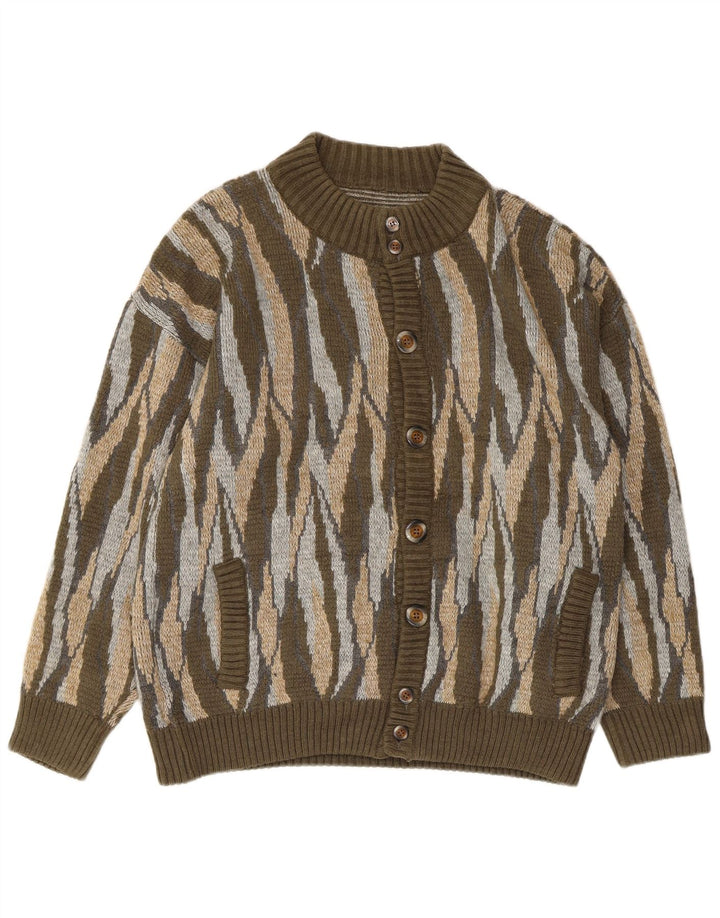 Suéter cardigã masculino vintage grande acrílico listrado cáqui