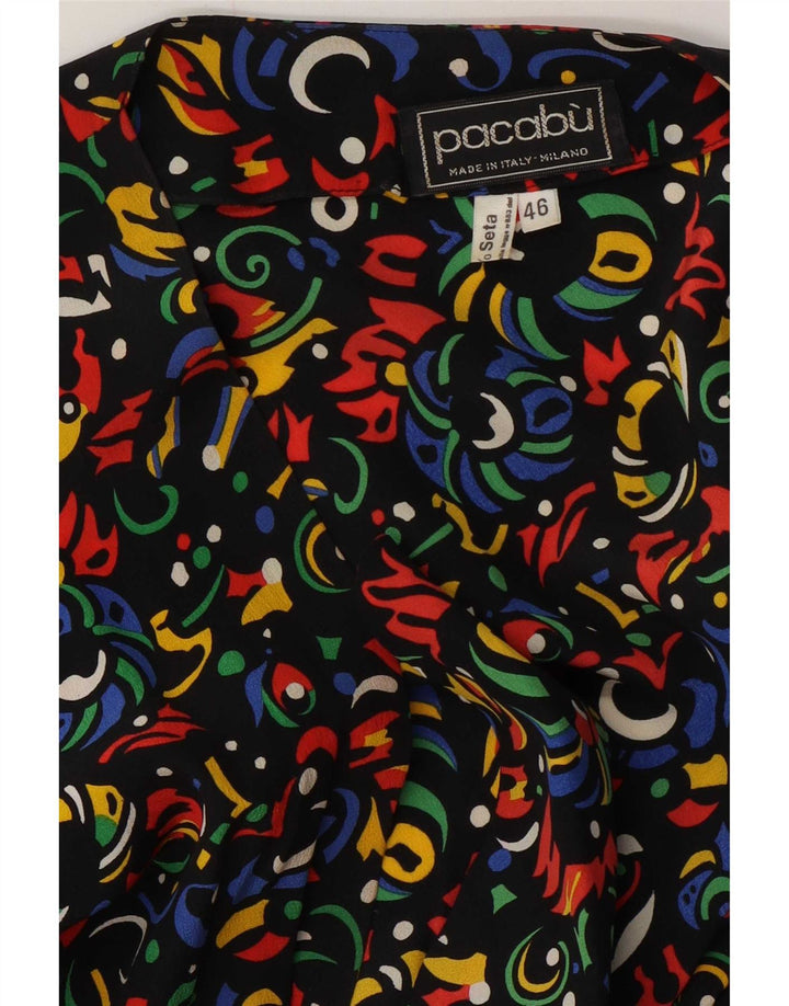 Vestido bainha feminino vintage IT 46 grande seda geométrica multicolorida