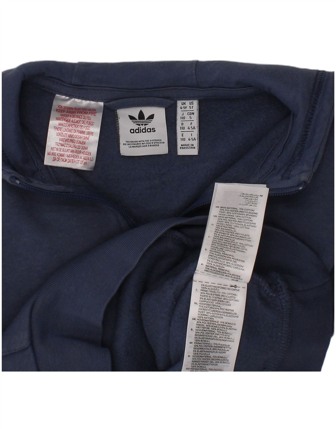 Suéter com capuz gráfico Adidas Boys com zíper e gola 4-5 anos azul algodão