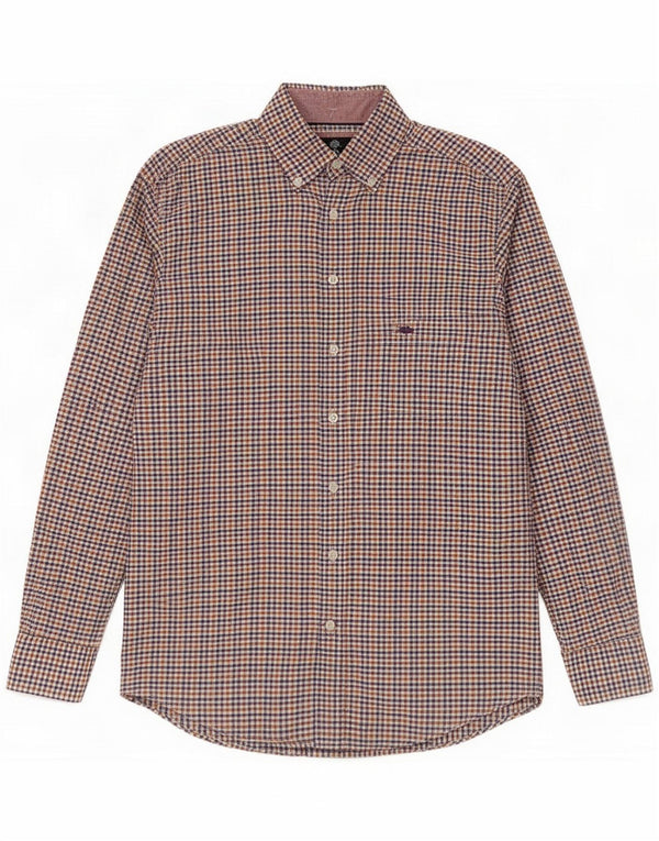 Fynch Hatton Mens Flannel Shirt Size 37/38 Small Brown Gingham Cotton