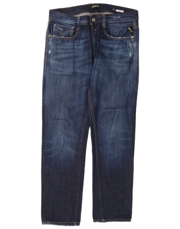 Replay Mens Rob Straight Jeans W29 L30 Azul Algodão
