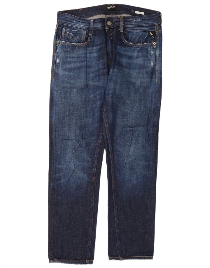 Replay Mens Rob Straight Jeans W29 L30 Azul Algodão