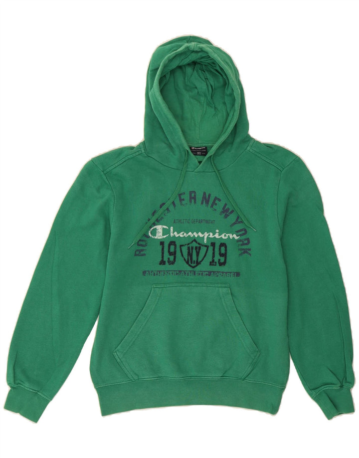 CHAMPION Mens Graphic Hoodie Jumper Small Green Cotton Vintage Champion and Second-Hand Champion from Messina Hembry 