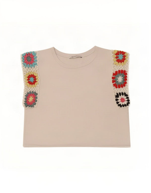 Zara Womens Trafaluc Crop Vest Top UK 10 Pequeno Floral Branco