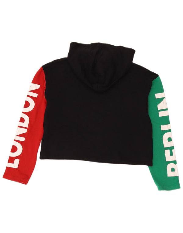 Suéter com capuz gráfico Crop feminino Benetton 10-11 anos XL preto colorblock
